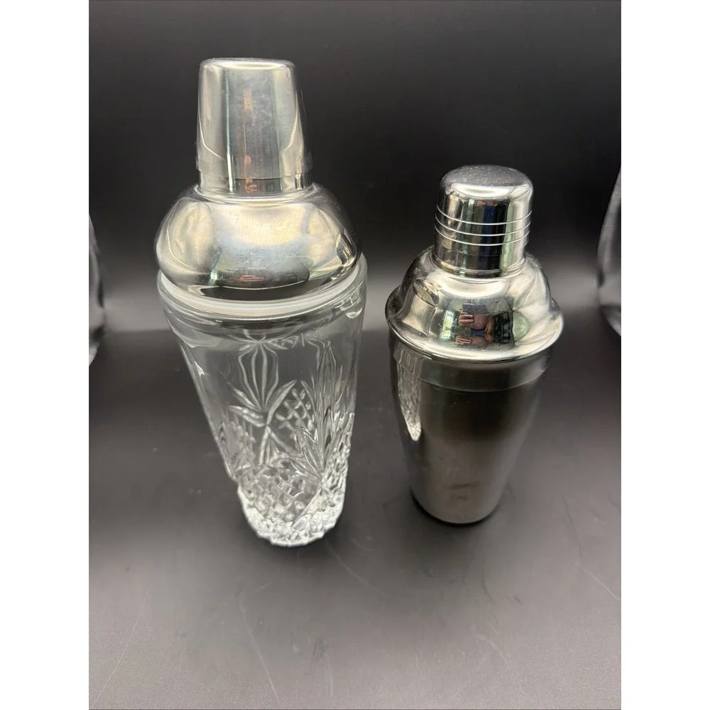 Vintage Cocktail Shakers Lot of 2 Cut Crystal Glass & Silver Tone Barware
